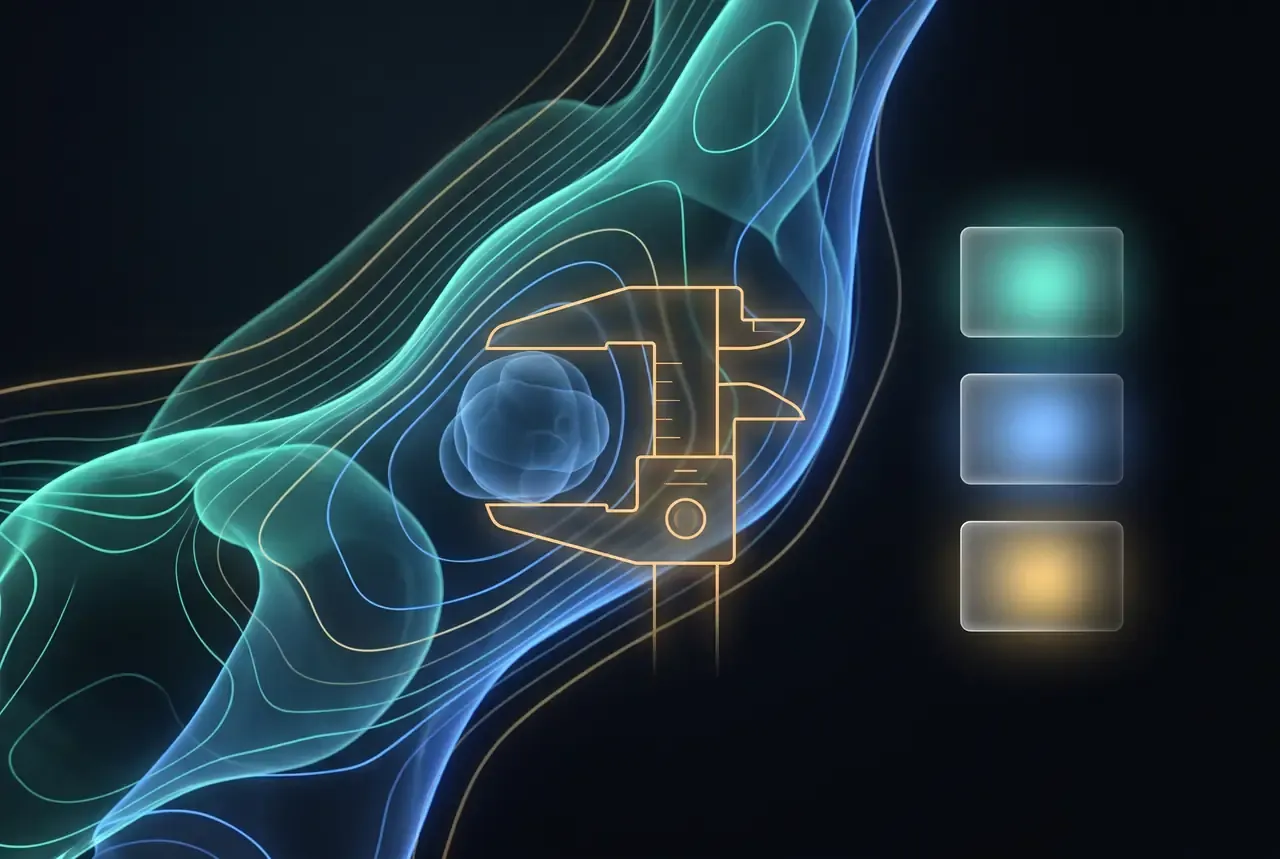 Abstract cross-sectional data visualization: teal contour lines and a caliper measuring a nodule, beside a column of category tiles.