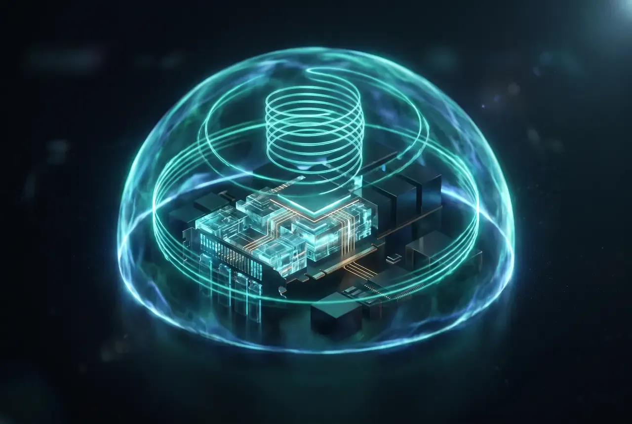 Abstract illustration of a processor enclosed in a luminous containment dome, with a voice waveform coiling entirely inside it.