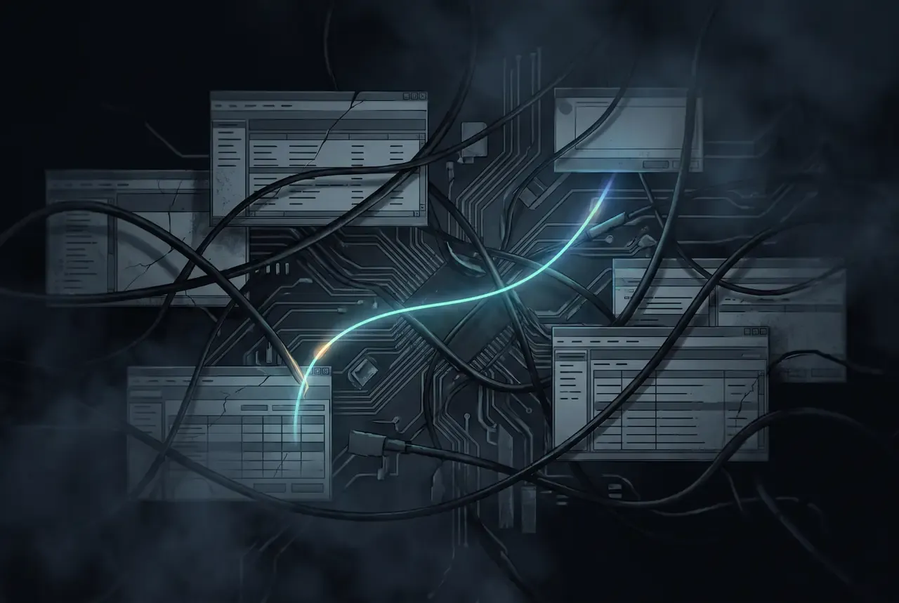 Abstract illustration of tangled legacy software windows and cabling, with a single bright thread cutting through.