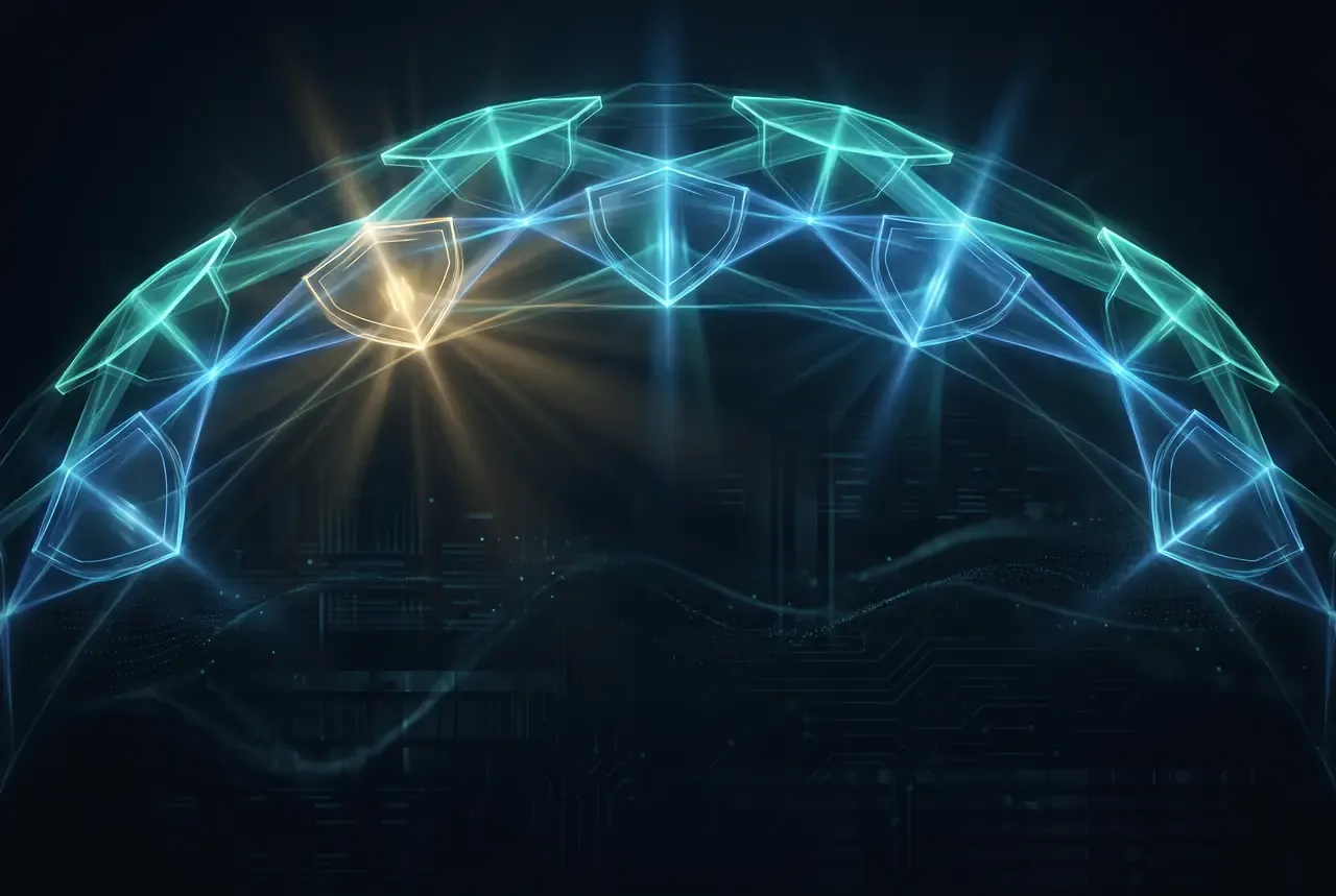 Abstract illustration of a protective dome of interlocking shield facets in teal and blue, with one shield glowing gold.